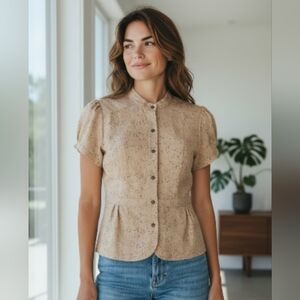 Michael Kors Fitted Waist Puff Sleeve Lace Top Size Large